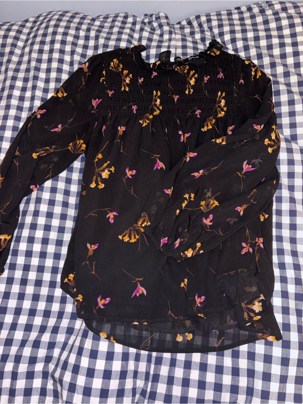 Madewell Black Floral Smocked-Yoke Blouse with Pink & Mustard Accents